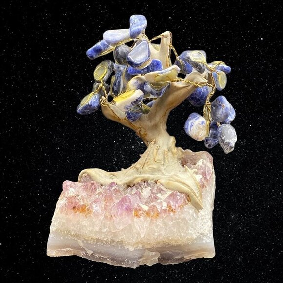 Gem Bonsai Tree on Amethyst Base Miniature Sodalite Stones 4”T 3.5”W - Picture 1 of 7